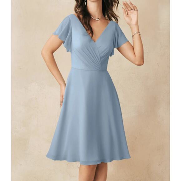 AW BRIDAL Dresses & Skirts - AW BRIDAL 10 L dusty blue chiffon Megan party cocktail knee length dress NEW B50